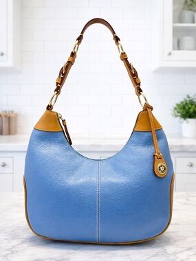 Dooney & Bourke Pebble Grain Leather Hobo Bag Blue Tan Trim Large Shoulder Bag